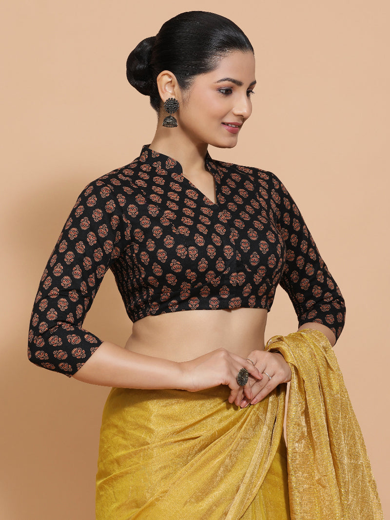 Mrinali x Rozaana | Three Quarter Sleeves Cotton Saree Blouse in Black Peacock Block Print Fabric-Binks