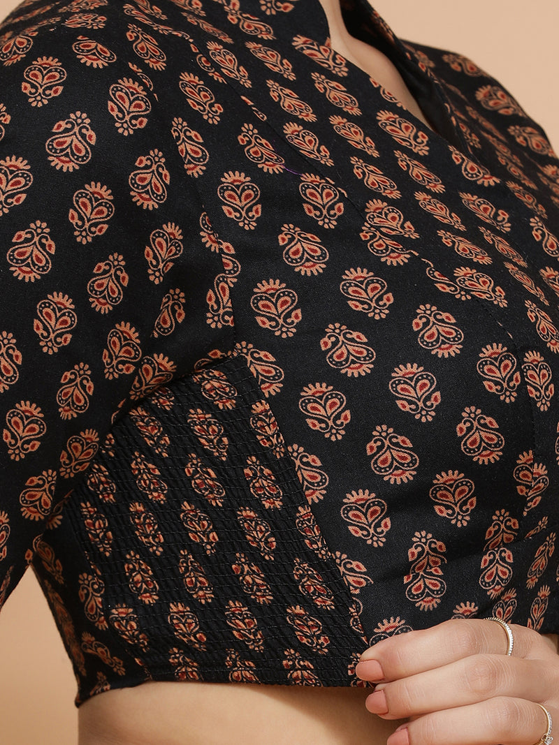 Mrinali x Rozaana | Three Quarter Sleeves Cotton Saree Blouse in Black Peacock Block Print Fabric-Binks