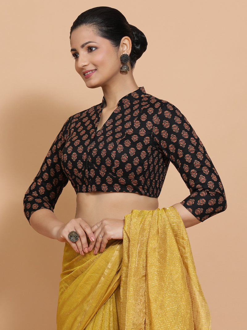 Mrinali x Rozaana | Three Quarter Sleeves Cotton Saree Blouse in Black Peacock Block Print Fabric-Binks