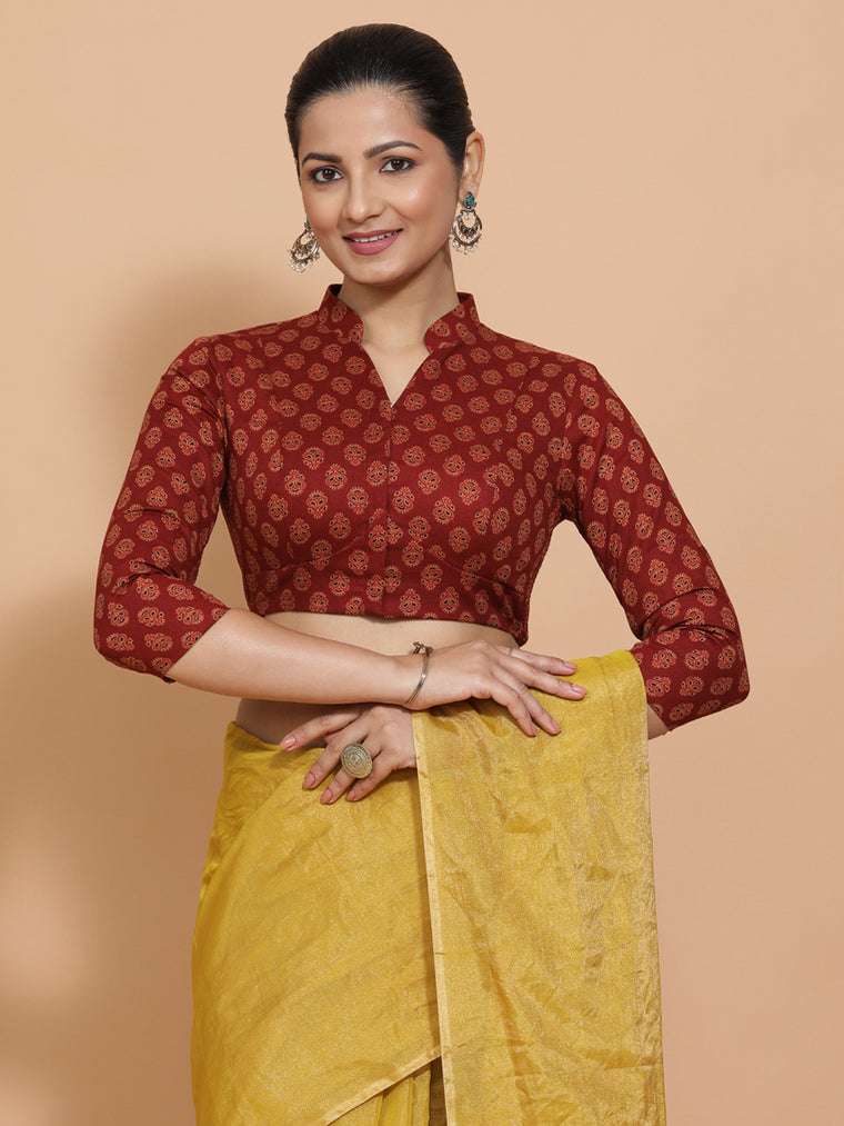 Mrinali x Rozaana Saree Blouse, in Red Cotton, featuring three quarter sleeves and mandarin collar neckline.
