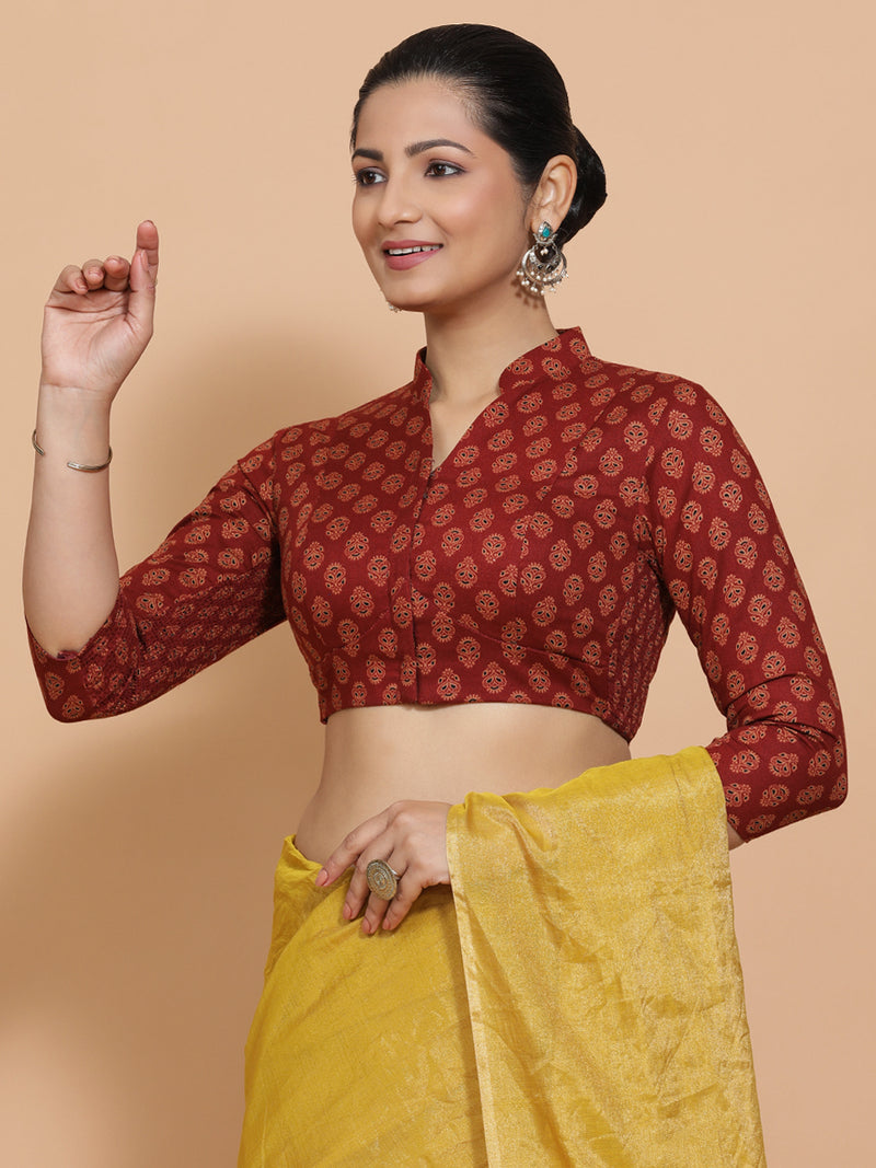 Mrinali x Rozaana | Three Quarter Sleeves Cotton Saree Blouse in Red Peacock Block Print Fabric-Binks