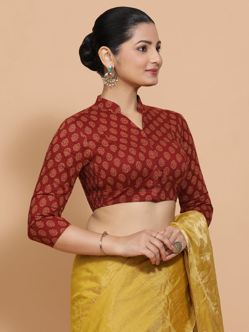Mrinali x Rozaana | Three Quarter Sleeves Cotton Saree Blouse in Red Peacock Block Print Fabric-Binks