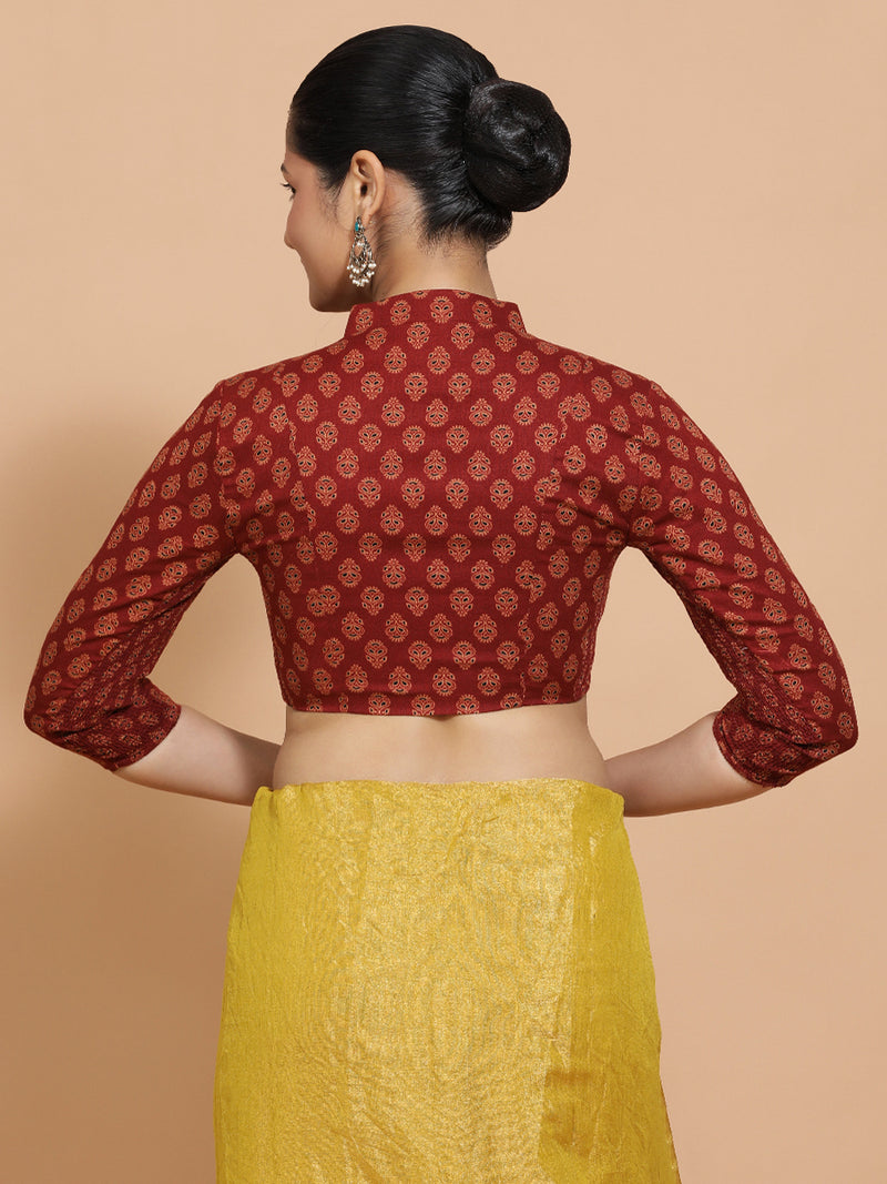 Mrinali x Rozaana | Three Quarter Sleeves Cotton Saree Blouse in Red Peacock Block Print Fabric-Binks