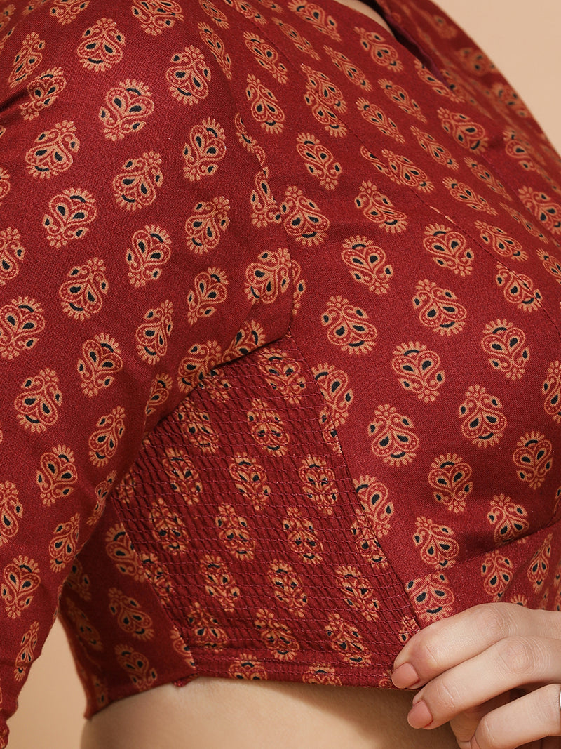 Mrinali x Rozaana | Three Quarter Sleeves Cotton Saree Blouse in Red Peacock Block Print Fabric-Binks