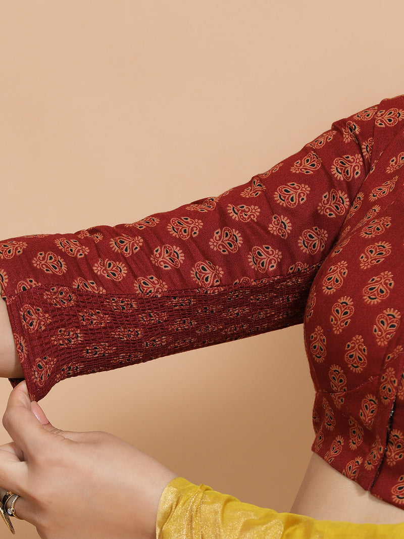 Mrinali x Rozaana | Three Quarter Sleeves Cotton Saree Blouse in Red Peacock Block Print Fabric-Binks
