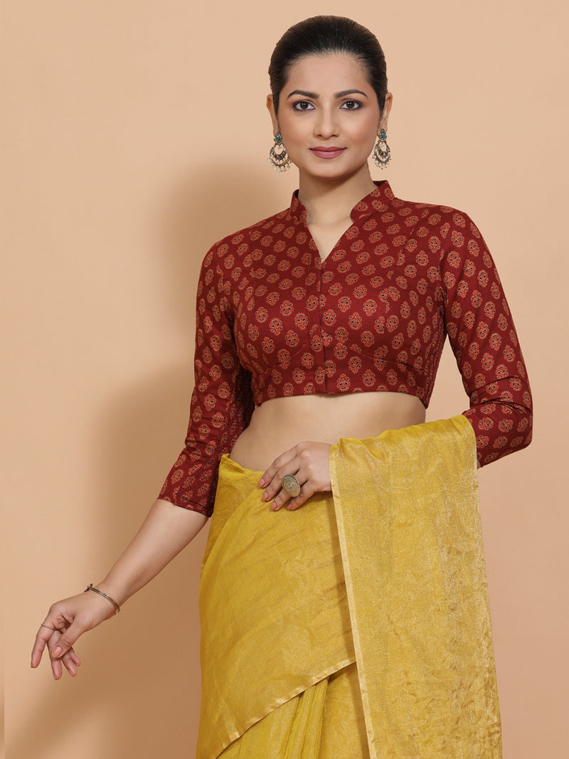 Mrinali x Rozaana | Three Quarter Sleeves Cotton Saree Blouse in Red Peacock Block Print Fabric-Binks