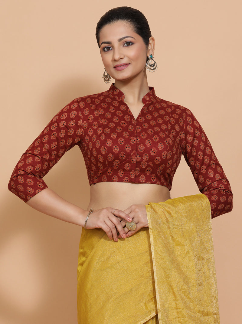 Mrinali x Rozaana | Three Quarter Sleeves Cotton Saree Blouse in Red Peacock Block Print Fabric-Binks