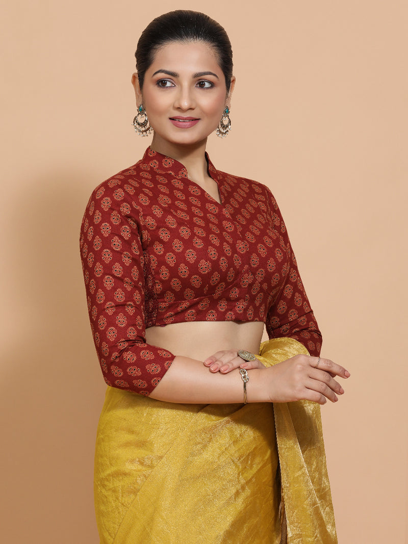 Mrinali x Rozaana | Three Quarter Sleeves Cotton Saree Blouse in Red Peacock Block Print Fabric-Binks