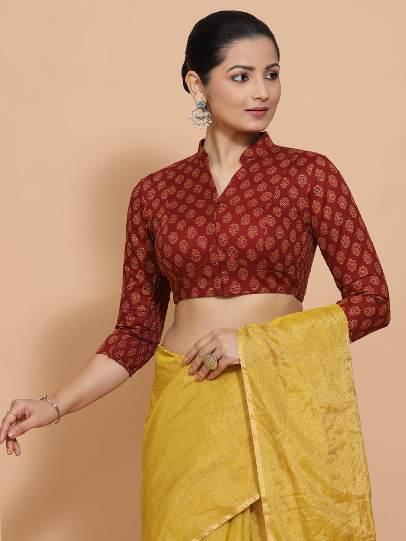 Mrinali x Rozaana | Three Quarter Sleeves Cotton Saree Blouse in Red Peacock Block Print Fabric-Binks