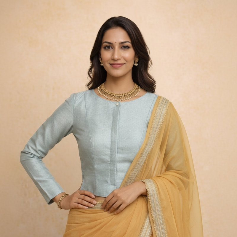 Mumtaz x Tyohaar | Full Sleeves Blue Green Foil Chandheri Saree Blouse-Binks