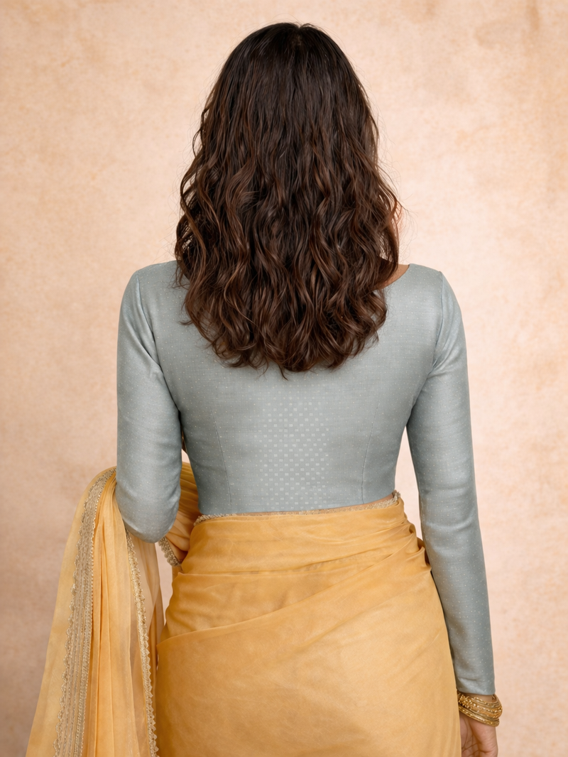 Mumtaz x Tyohaar | Full Sleeves Blue Green Foil Chandheri Saree Blouse-Binks