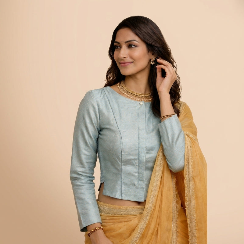 Mumtaz x Tyohaar | Full Sleeves Blue Green Foil Chandheri Saree Blouse-Binks