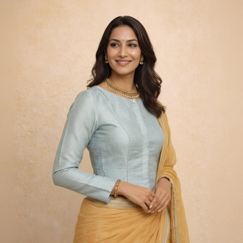 Mumtaz x Tyohaar | Full Sleeves Blue Green Foil Chandheri Saree Blouse-Binks