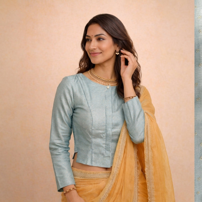 Mumtaz x Tyohaar | Full Sleeves Blue Green Foil Chandheri Saree Blouse-Binks