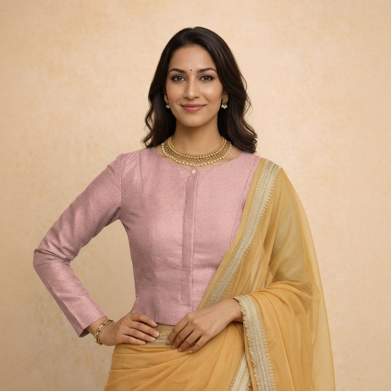Mumtaz x Tyohaar | Full Sleeves Dusty Rose Foil Chandheri Saree Blouse-Binks
