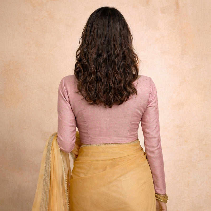 Mumtaz x Tyohaar | Full Sleeves Dusty Rose Foil Chandheri Saree Blouse-Binks