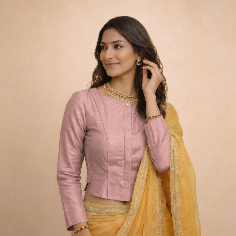 Mumtaz x Tyohaar | Full Sleeves Dusty Rose Foil Chandheri Saree Blouse-Binks