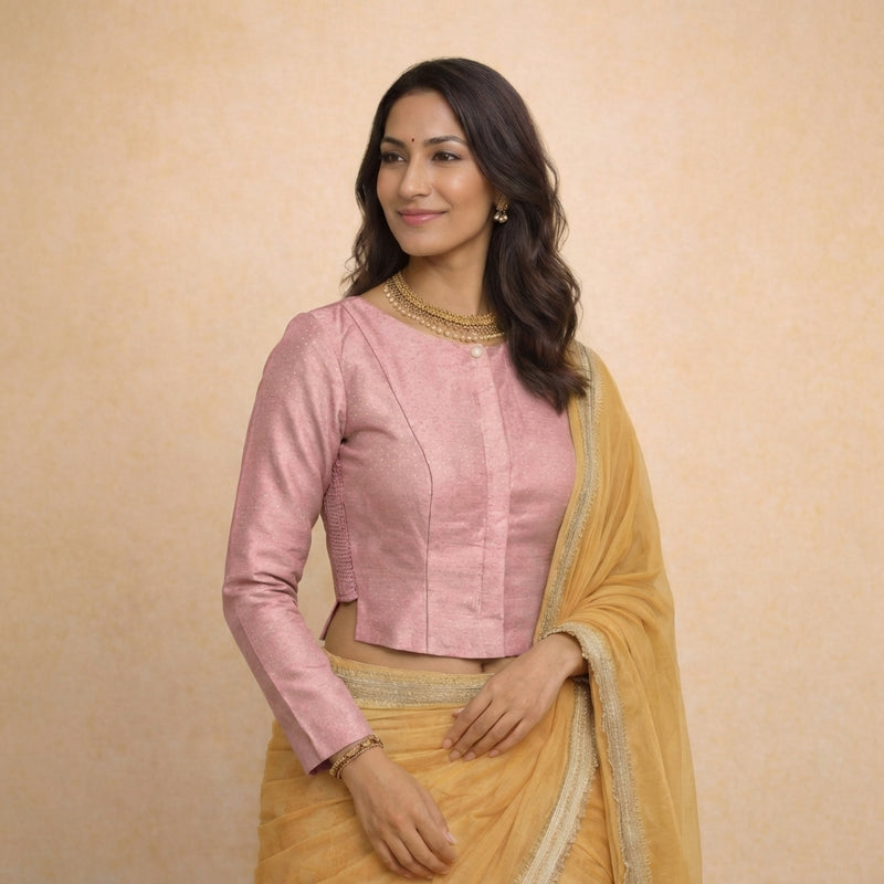 Mumtaz x Tyohaar | Full Sleeves Dusty Rose Foil Chandheri Saree Blouse-Binks