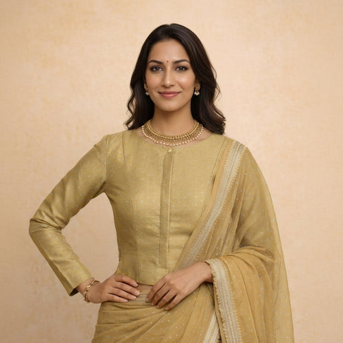 Mumtaz x Tyohaar Saree Blouse, in Gold Chandheri, featuring full sleeves and boat neckline, made for party & festive.