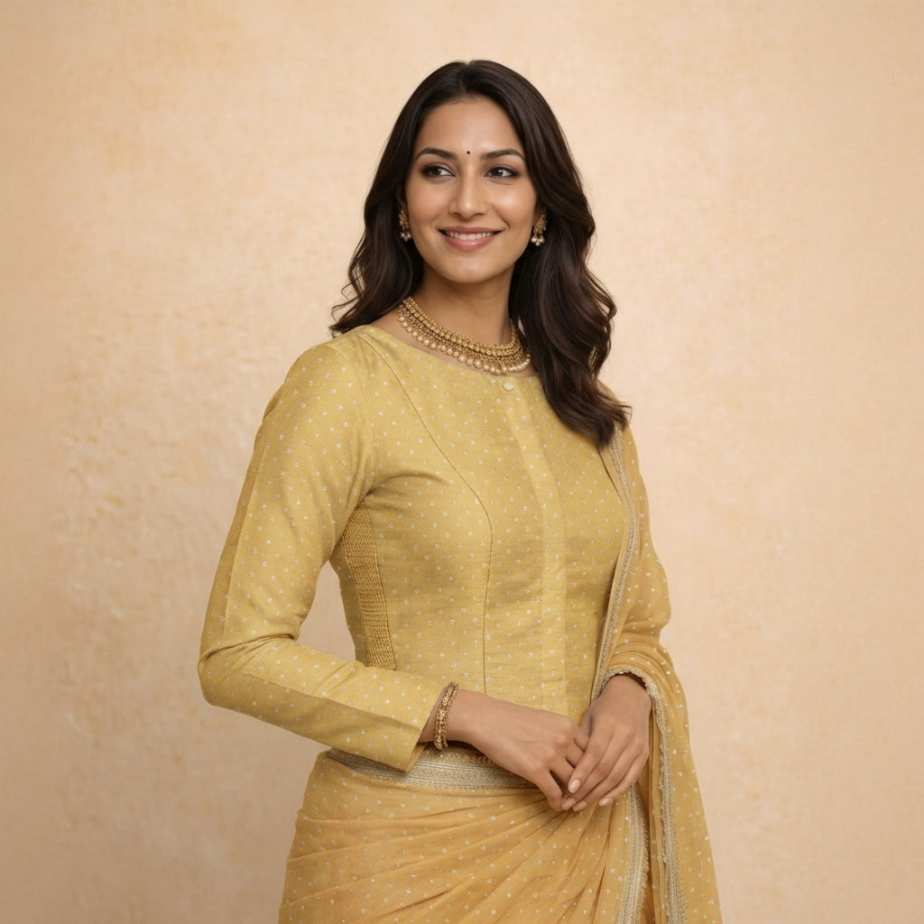 Mumtaz x Tyohaar Saree Blouse, in Gold Chandheri, featuring full sleeves and boat neckline, made for party & festive (view 4).