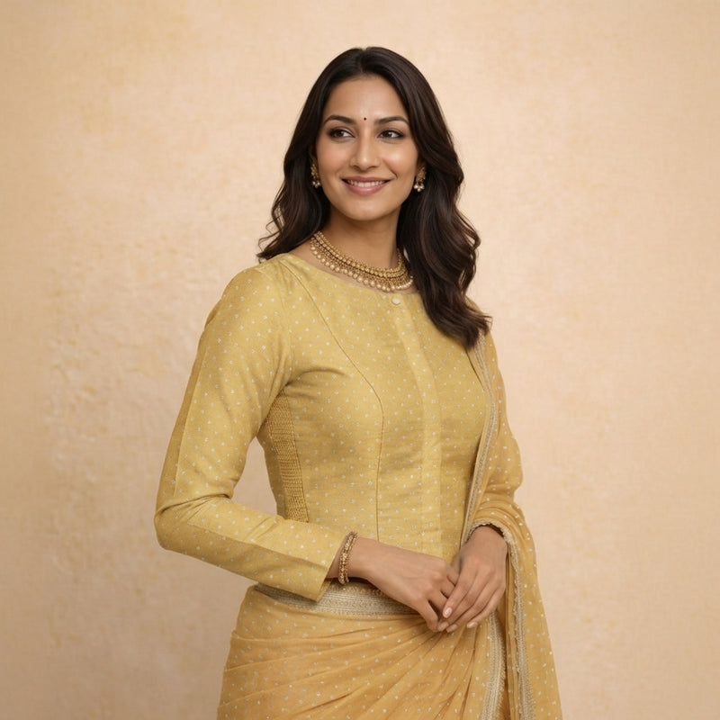 Mumtaz x Tyohaar | Full Sleeves Gold Foil Chandheri Saree Blouse-Binks