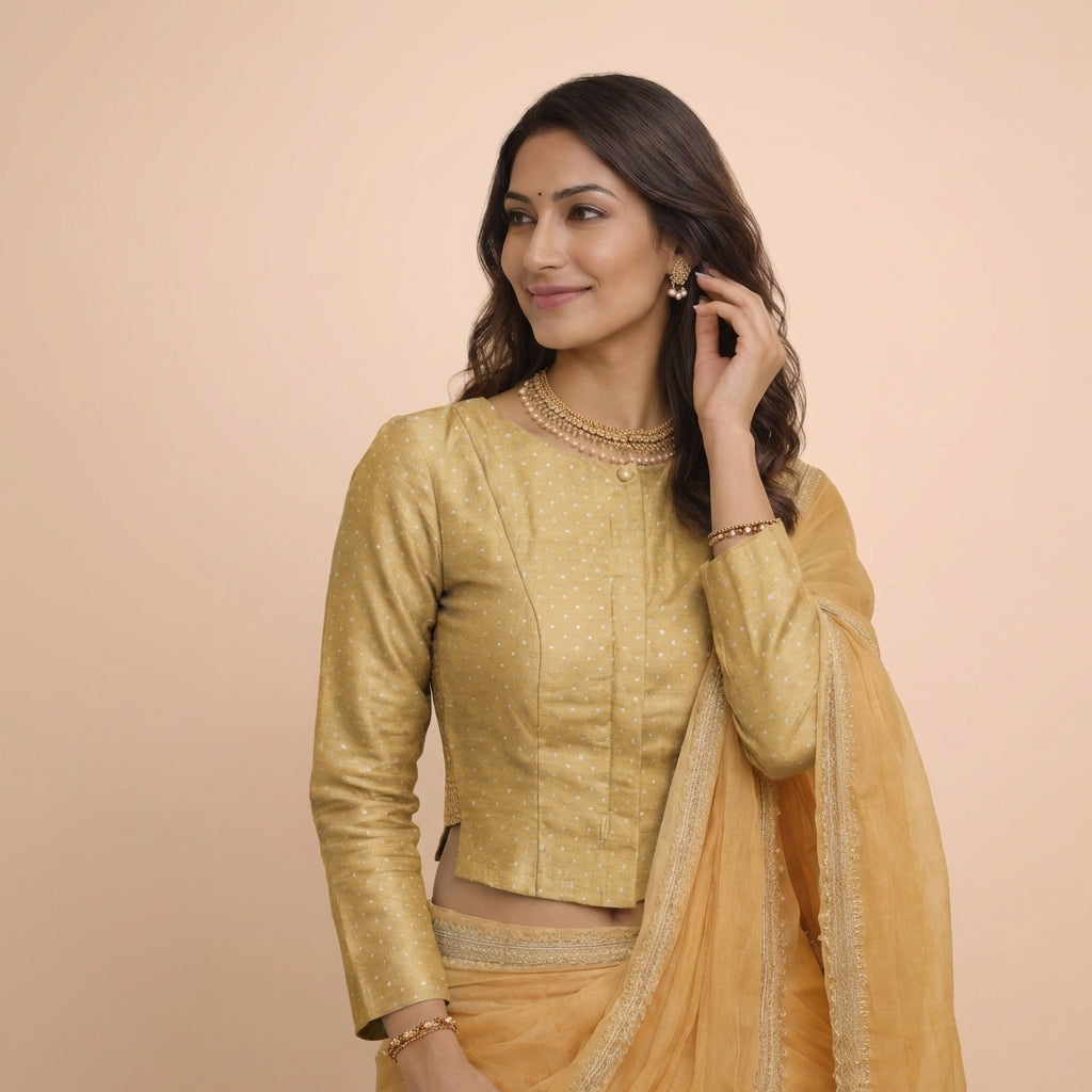 Mumtaz x Tyohaar Saree Blouse, in Gold Chandheri, featuring full sleeves and boat neckline, made for party & festive (view 5).