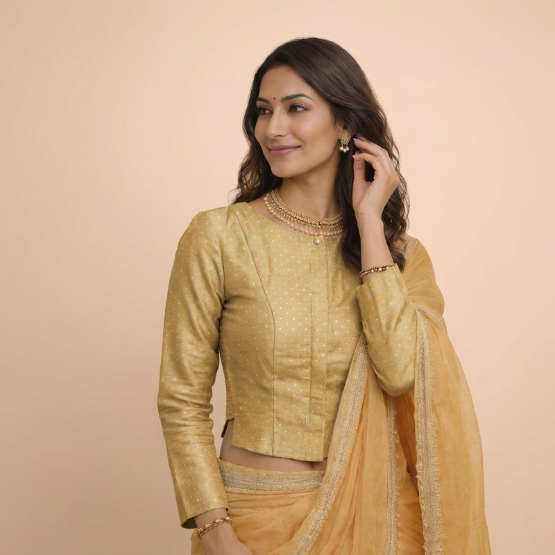 Mumtaz x Tyohaar | Full Sleeves Gold Foil Chandheri Saree Blouse-Binks