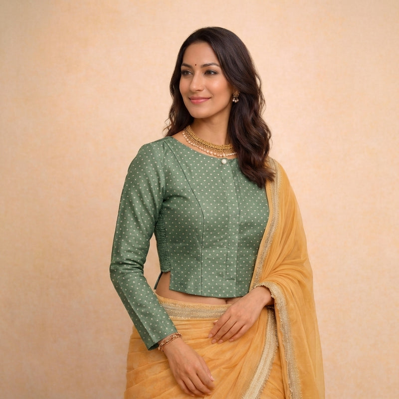 Mumtaz x Tyohaar | Full Sleeves Green Foil Chandheri Saree Blouse-Binks