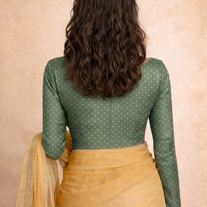 Mumtaz x Tyohaar | Full Sleeves Green Foil Chandheri Saree Blouse-Binks