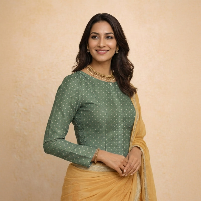 Mumtaz x Tyohaar | Full Sleeves Green Foil Chandheri Saree Blouse-Binks