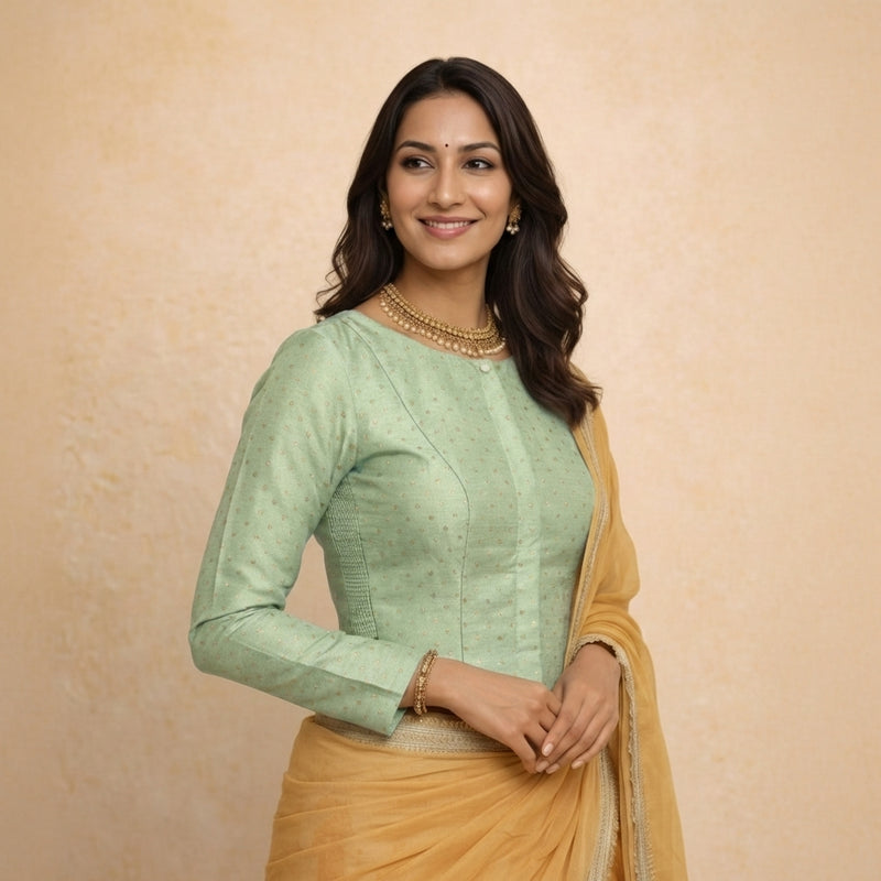 Mumtaz x Tyohaar | Full Sleeves Light Green Foil Chandheri Saree Blouse-Binks