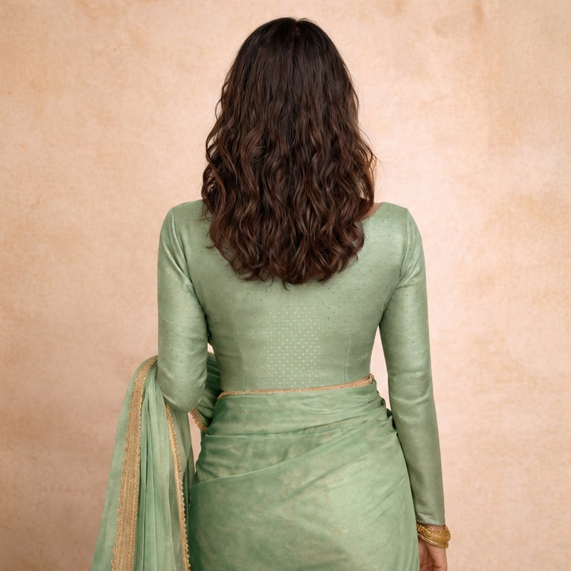 Mumtaz x Tyohaar | Full Sleeves Light Green Foil Chandheri Saree Blouse-Binks