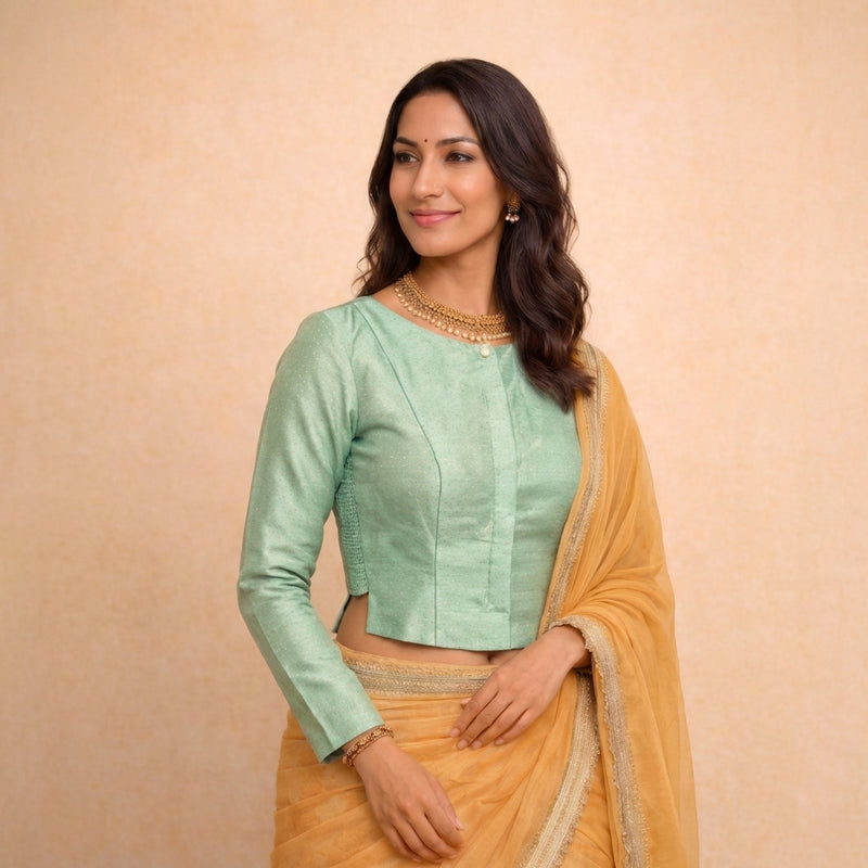 Mumtaz x Tyohaar | Full Sleeves Light Green Foil Chandheri Saree Blouse-Binks