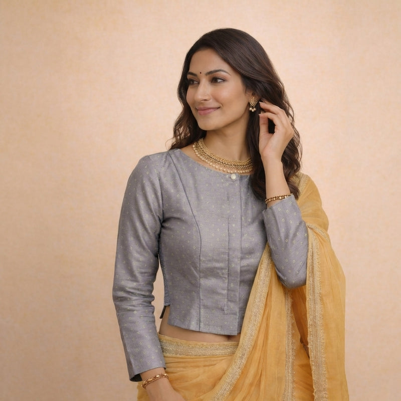 Mumtaz x Tyohaar | Full Sleeves Lilac Foil Chandheri Saree Blouse-Binks