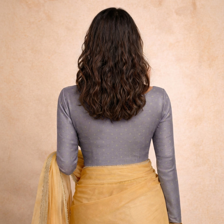 Mumtaz x Tyohaar Saree Blouse, in Purple Chandheri, featuring full sleeves and boat neckline, made for party & festive (view 2).
