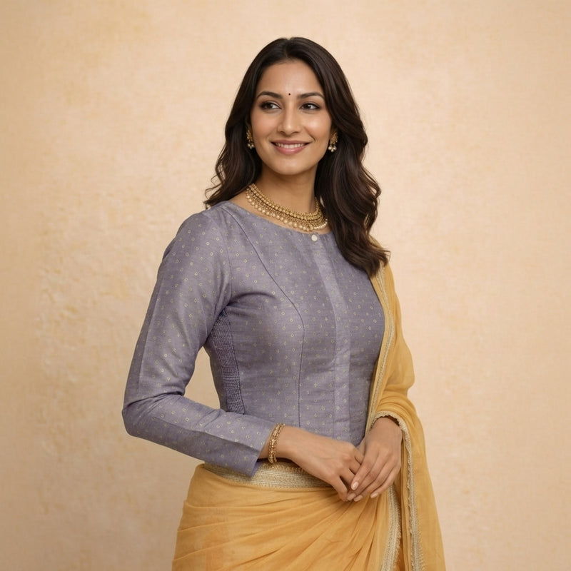 Mumtaz x Tyohaar | Full Sleeves Lilac Foil Chandheri Saree Blouse-Binks
