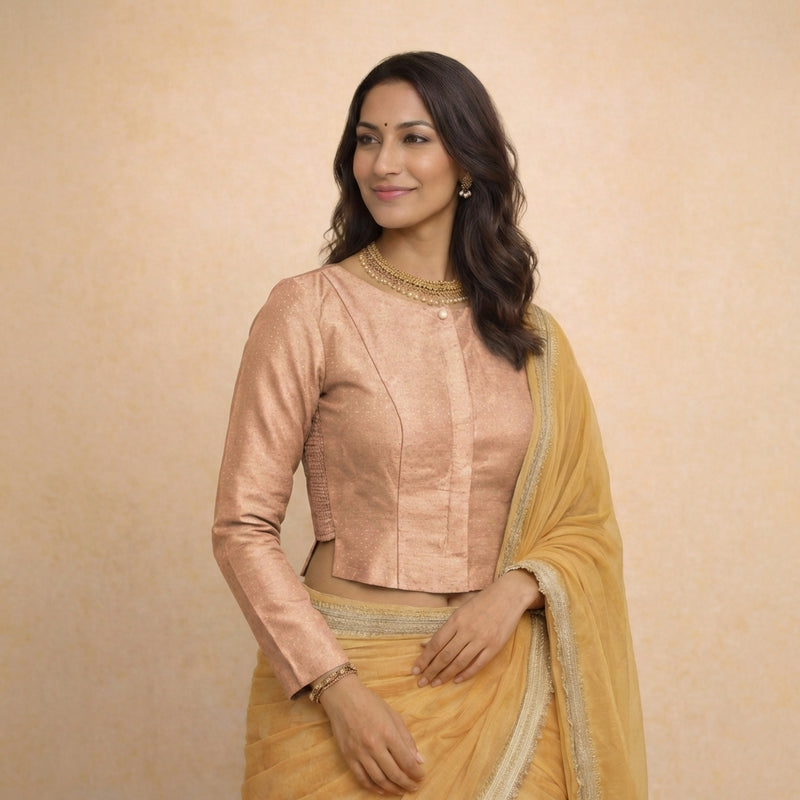 Mumtaz x Tyohaar | Full Sleeves Muted Copper Foil Chandheri Saree Blouse-Binks