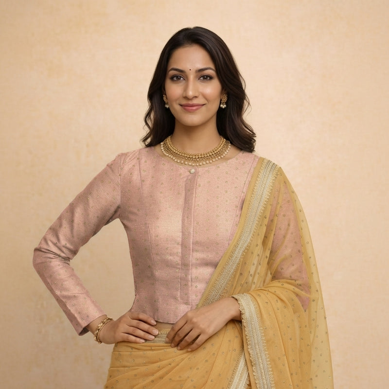 Mumtaz x Tyohaar | Full Sleeves Muted Copper Foil Chandheri Saree Blouse-Binks