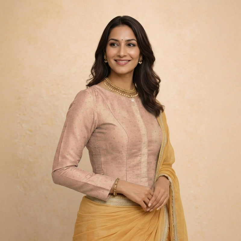 Mumtaz x Tyohaar | Full Sleeves Muted Copper Foil Chandheri Saree Blouse-Binks