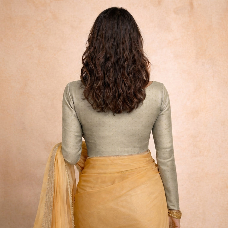 Mumtaz x Tyohaar Saree Blouse, in Grey Chandheri, featuring full sleeves and boat neckline, made for party & festive (view 2).