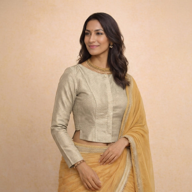 Mumtaz x Tyohaar | Full Sleeves Oyster Grey Foil Chandheri Saree Blouse-Binks