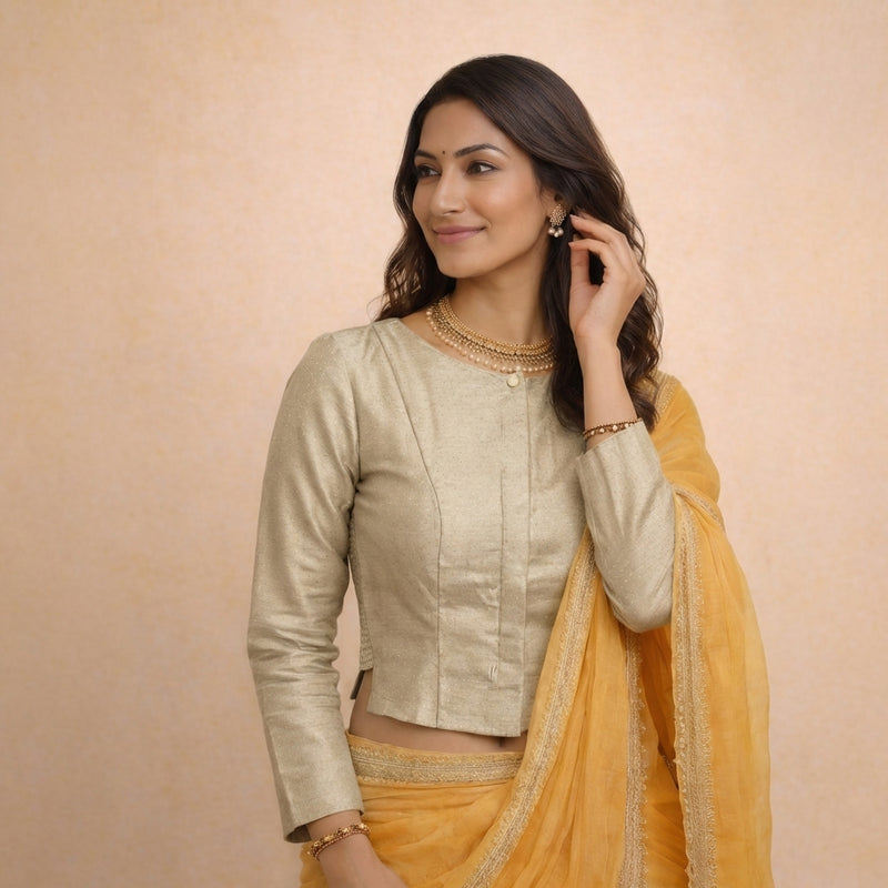 Mumtaz x Tyohaar | Full Sleeves Oyster Grey Foil Chandheri Saree Blouse-Binks