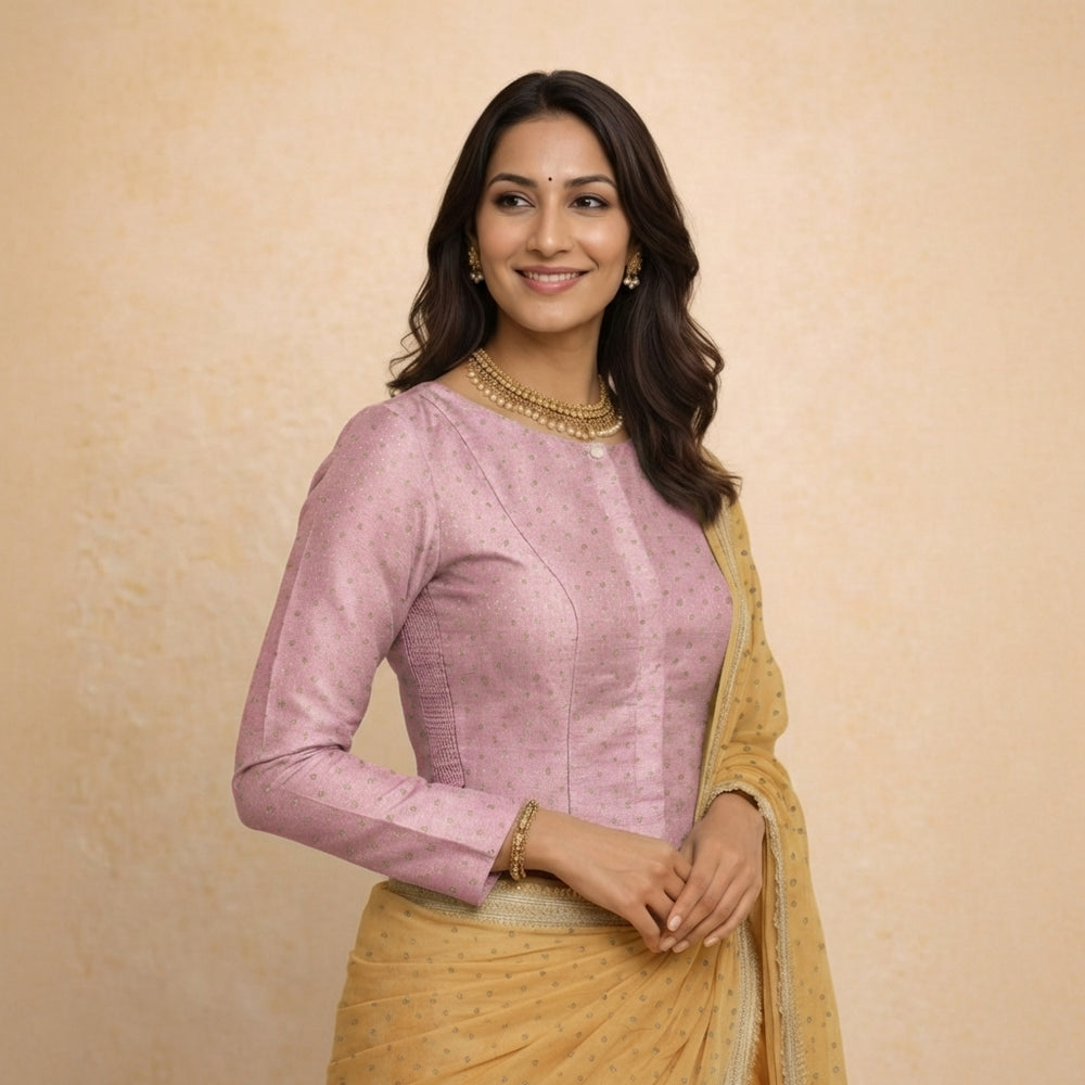Mumtaz x Tyohaar | Full Sleeves Pink Foil Chandheri Saree Blouse
