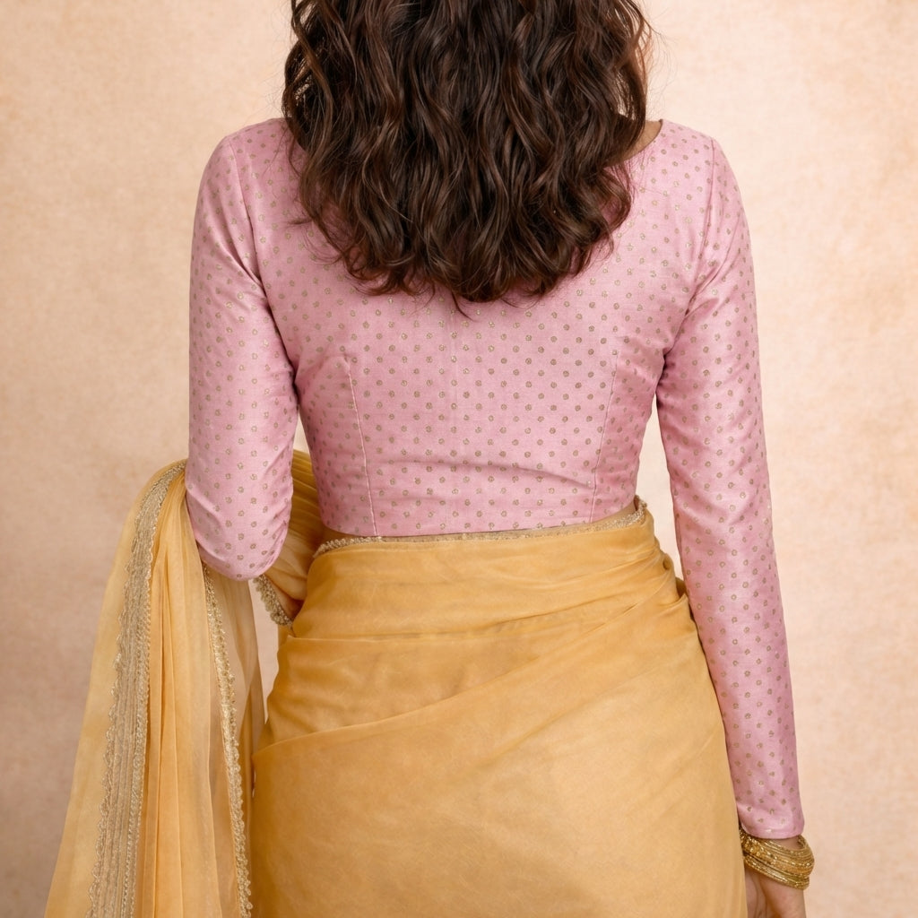 Mumtaz x Tyohaar Saree Blouse, in Pink Chandheri, featuring full sleeves and boat neckline, made for party & festive (view 2).