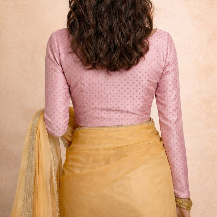 Mumtaz x Tyohaar Saree Blouse, in Pink Chandheri, featuring full sleeves and boat neckline, made for party & festive (view 2).