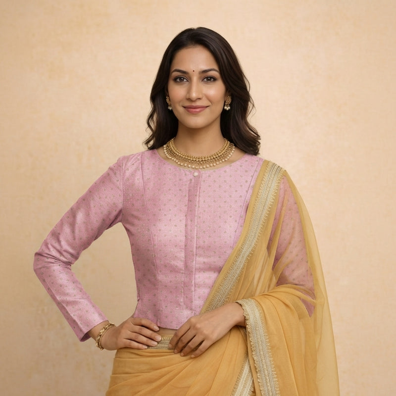 Mumtaz x Tyohaar | Full Sleeves Pink Foil Chandheri Saree Blouse-Binks