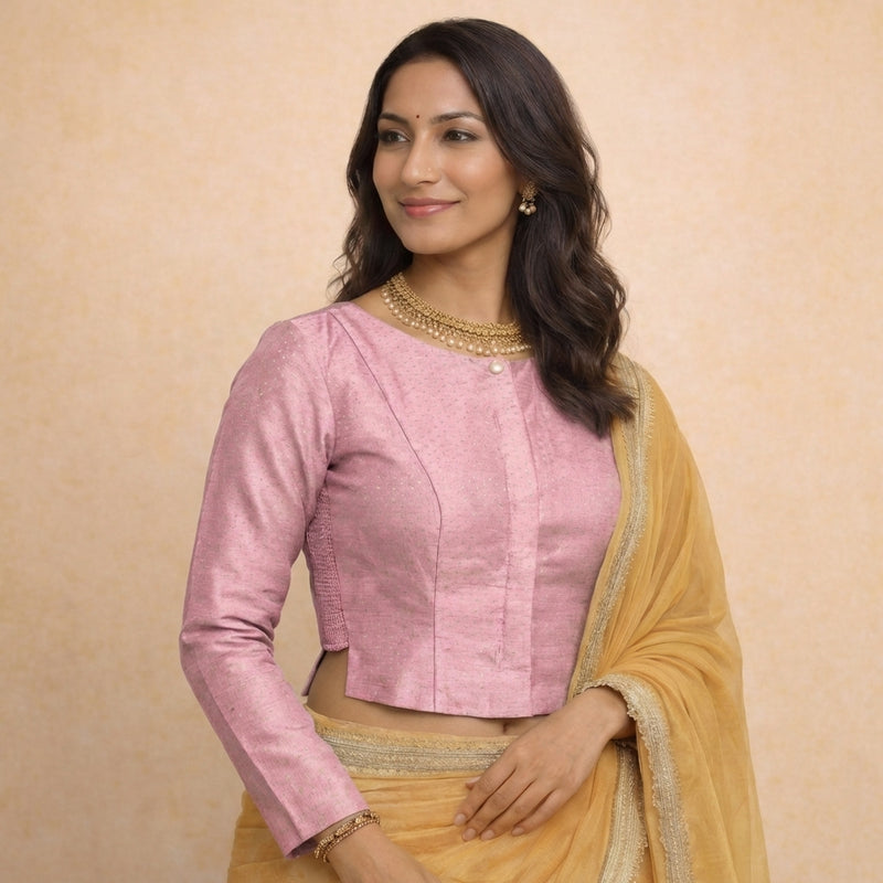 Mumtaz x Tyohaar | Full Sleeves Pink Foil Chandheri Saree Blouse-Binks