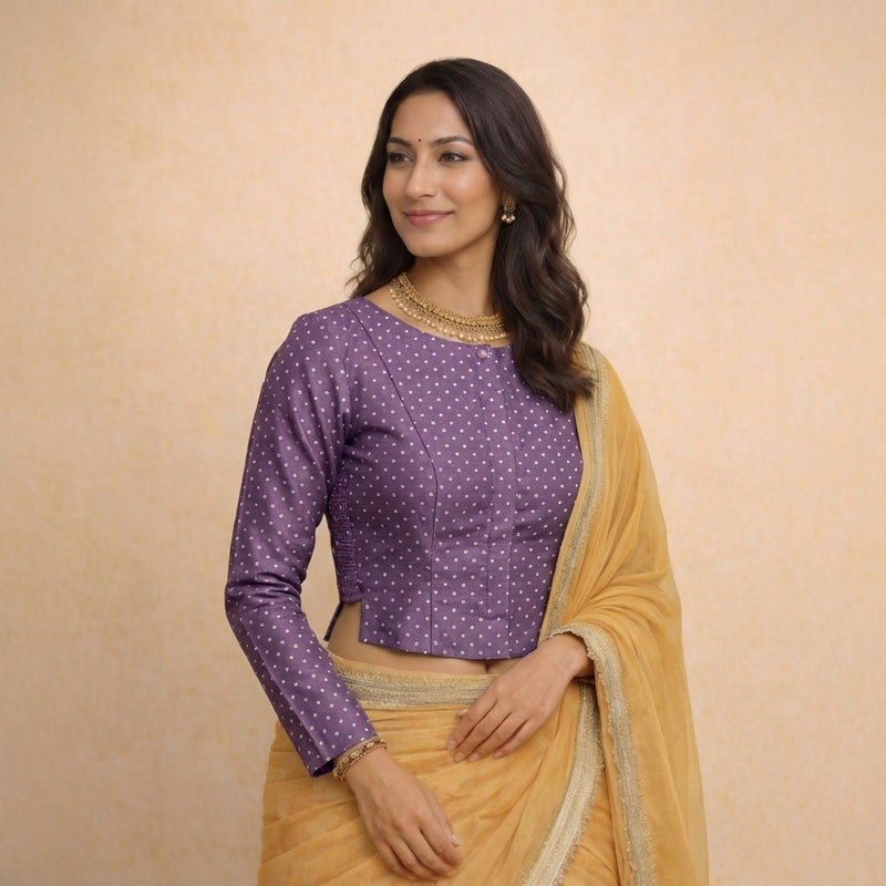 Mumtaz x Tyohaar | Full Sleeves Purple Foil Chandheri Saree Blouse-Binks