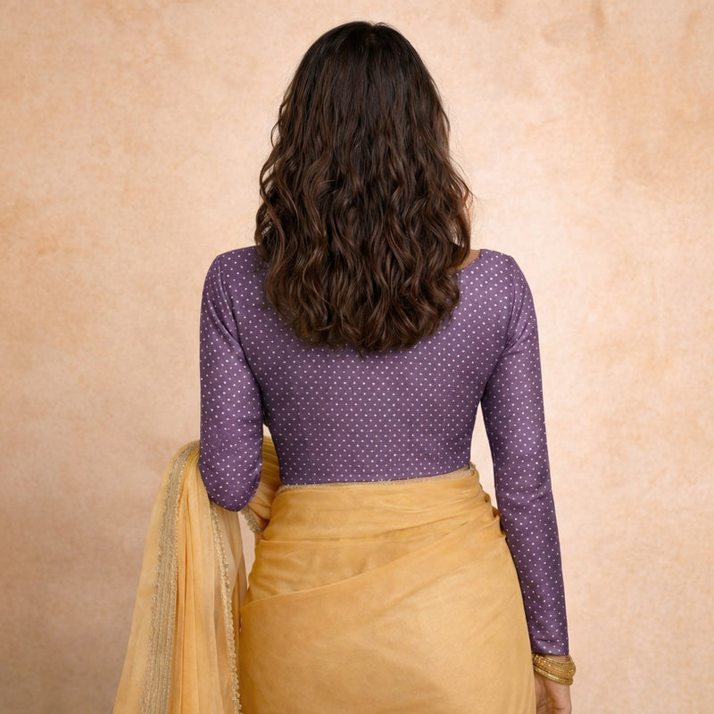 Mumtaz x Tyohaar | Full Sleeves Purple Foil Chandheri Saree Blouse-Binks