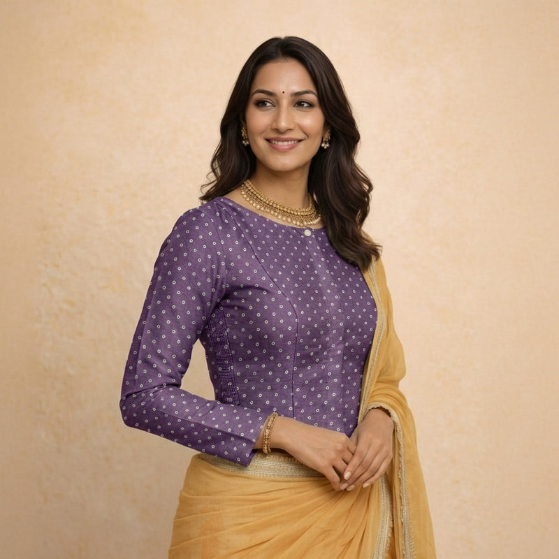 Mumtaz x Tyohaar | Full Sleeves Purple Foil Chandheri Saree Blouse-Binks